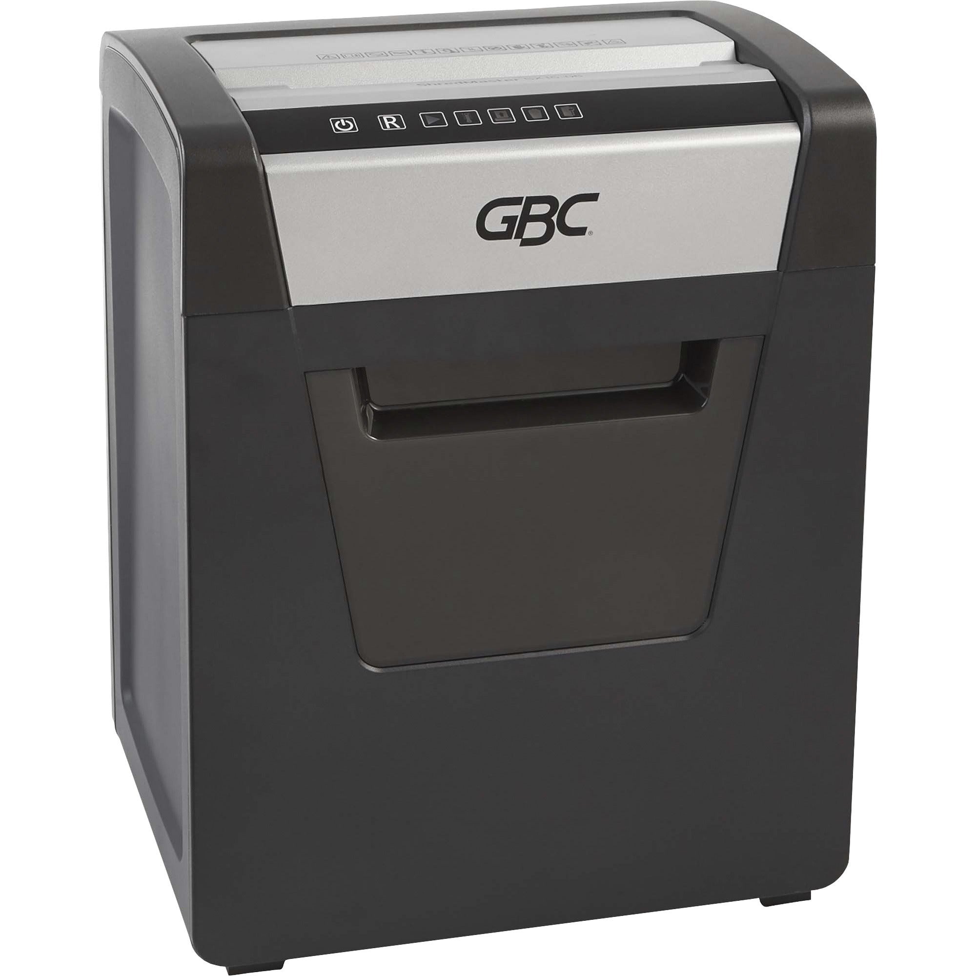 gbc-shredmaster-sm10-06-micro-cut-shredder-non-continuous-shredder-micro-cut-10-per-pass-for-shredding-paper-staples-paper-clip-p-5-2-hour-run-time-6-gal-wastebin-capacity-black-chrome_gbc1758499 - 2