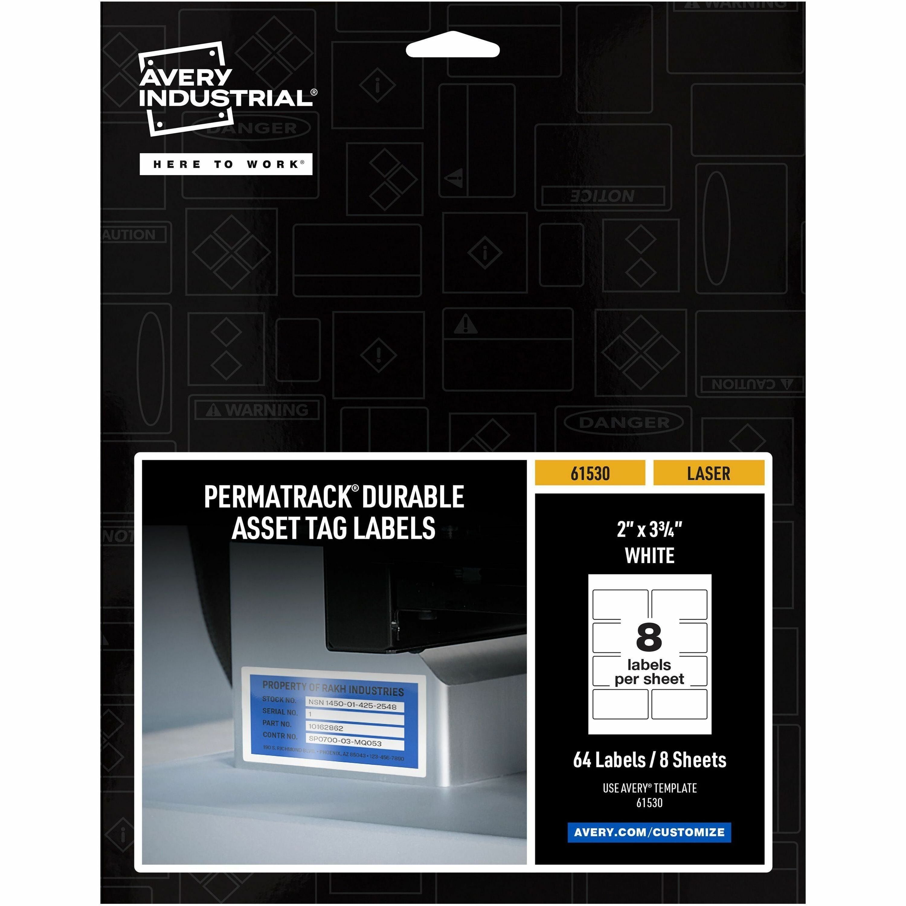 Avery PermaTrack Durable White Asset Tag Labels, 2" x 3-3/4" , 64 Asset Tags - 2" Width x 3 3/4" Length - Permanent Adhesive - Rectangle - Laser - White - Film - 8 / Sheet - 8 Total Sheets - 64 Total Label(s) - 5 - Water Resistant