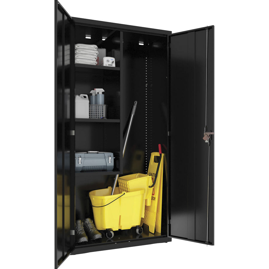 lorell-fortress-series-janitorial-cabinet-36-x-18-x-72-4-x-shelfves-hinged-doors-locking-system-welded-sturdy-recessed-locking-handle-durable-removable-lock-storage-space-adjustable-shelf-black-powder-coated-steel-recycl_llr00018 - 4