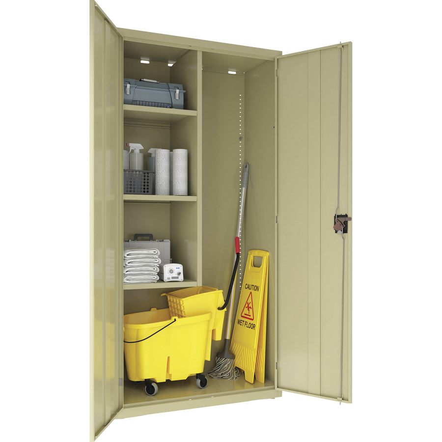 lorell-fortress-series-janitorial-cabinet-36-x-18-x-72-4-x-shelfves-hinged-doors-locking-system-welded-sturdy-recessed-locking-handle-durable-powder-coat-finish-storage-space-adjustable-shelf-putty-steel-recycled_llr00017 - 4