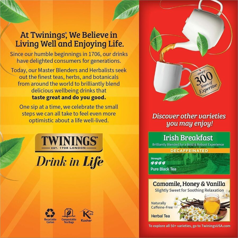 Tea Bags, English Breakfast Decaf, 1.76 oz, 25/Box