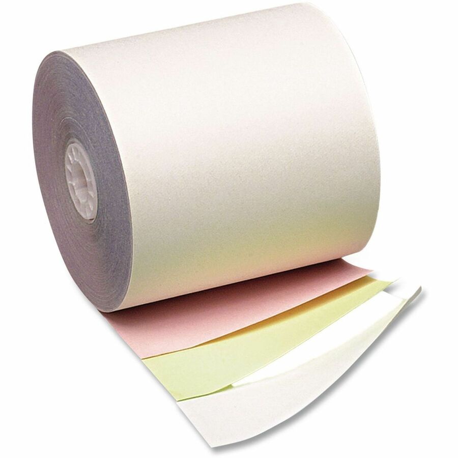 Impact Printing Carbonless Paper Rolls, 3" x 70 ft, White/Canary/Pink, 50/Carton