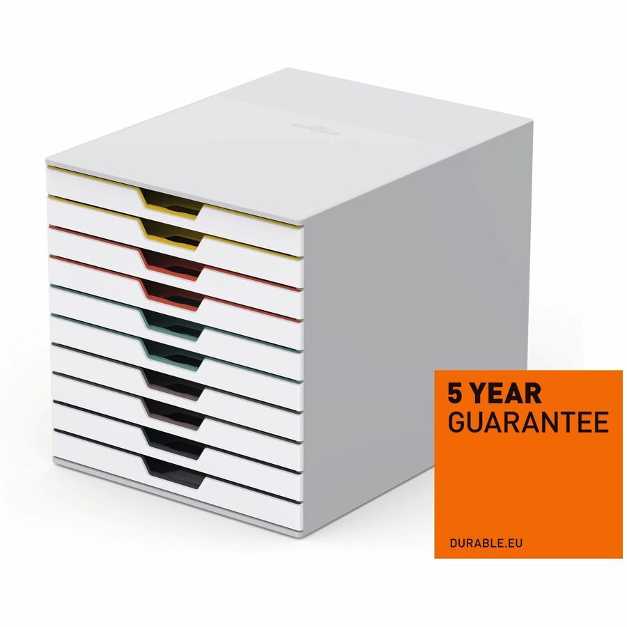 DURABLE VARICOLOR MIX 10 Drawer Desktop Storage Box, White/Multicolor - 10 Drawer(s) - 11" Height x 11.5" Width x 14" DepthDesktop - White - Plastic - 1 Each