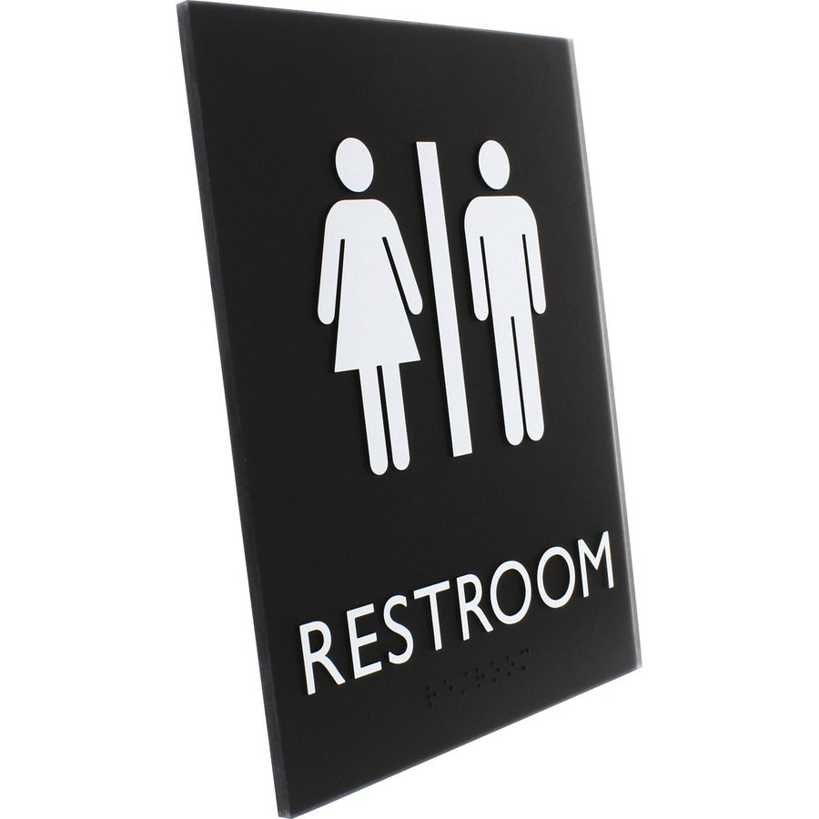 Lorell Unisex Restroom Sign - 1 Each - 6.4" Width x 8.5" Height - Rectangular Shape - Easy Readability, Braille - Plastic - Black, Black