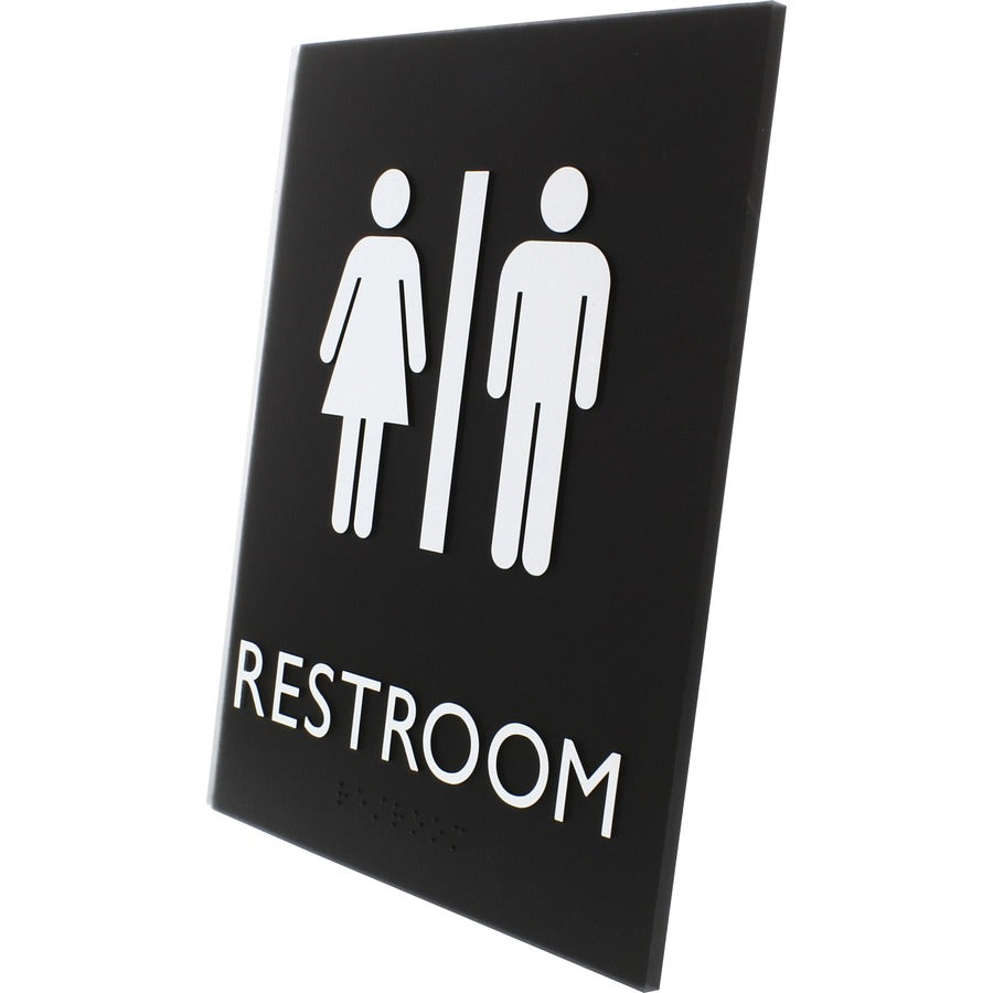 Lorell Unisex Restroom Sign - 1 Each - 6.4" Width x 8.5" Height - Rectangular Shape - Easy Readability, Braille - Plastic - Black, Black