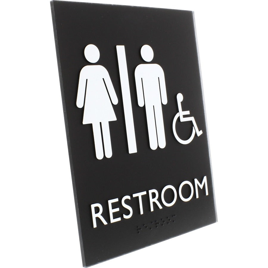 Lorell Unisex Handicap Restroom Sign - 1 Each - 6.4" Width x 8.5" Height - Rectangular Shape - Easy Readability, Braille - Plastic - Black, Black