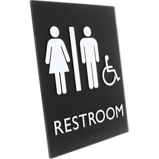 Lorell Unisex Handicap Restroom Sign - 1 Each - 6.4" Width x 8.5" Height - Rectangular Shape - Easy Readability, Braille - Plastic - Black, Black