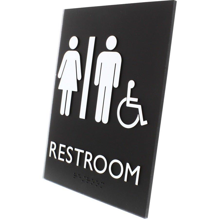 Lorell Unisex Handicap Restroom Sign - 1 Each - 6.4" Width x 8.5" Height - Rectangular Shape - Easy Readability, Braille - Plastic - Black, Black