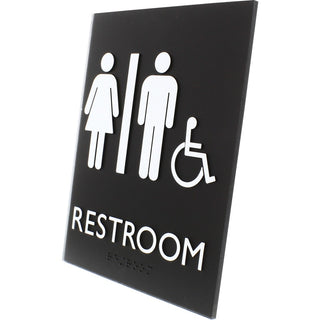 Lorell Unisex Handicap Restroom Sign - 1 Each - 6.4" Width x 8.5" Height - Rectangular Shape - Easy Readability, Braille - Plastic - Black, Black