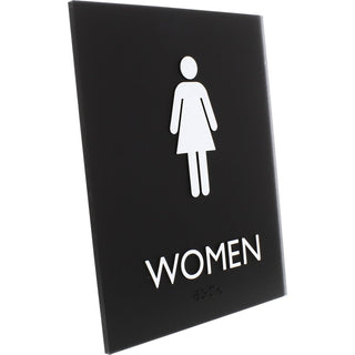Lorell Women's Restroom Sign - 1 Each - Women Print/Message - 6.4" Width x 8.5" Height - Rectangular Shape - Surface-mountable - Easy Readability, Braille - Plastic - Black