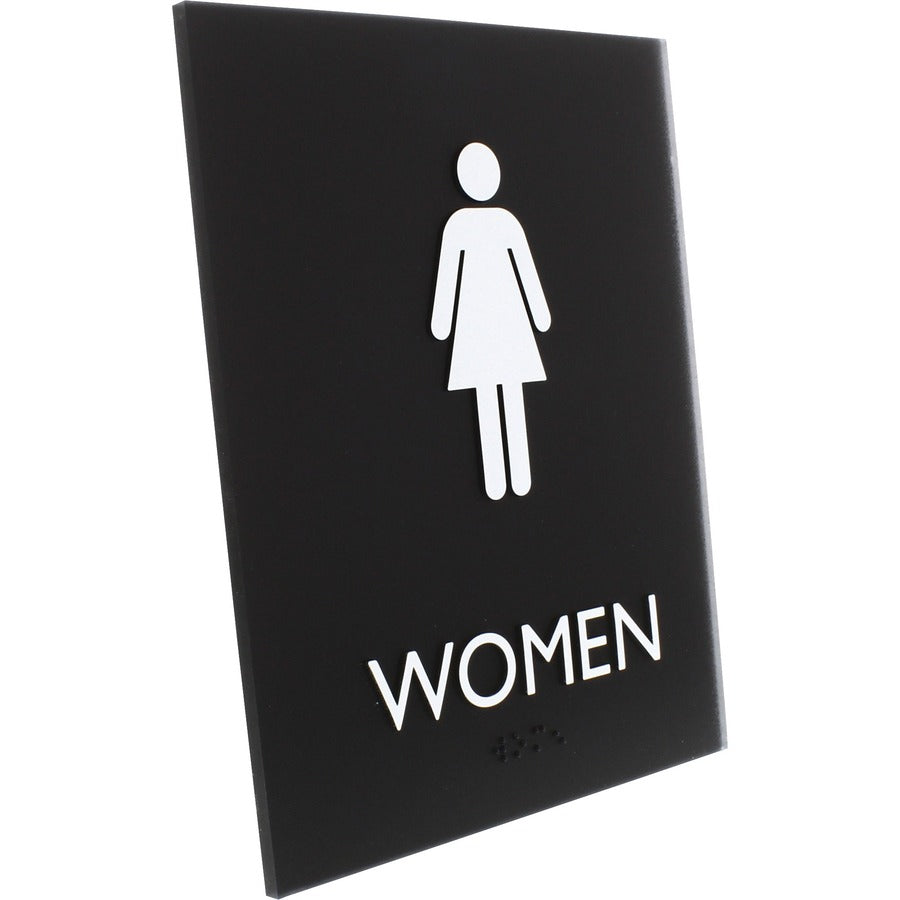 Lorell Women's Restroom Sign - 1 Each - Women Print/Message - 6.4" Width x 8.5" Height - Rectangular Shape - Surface-mountable - Easy Readability, Braille - Plastic - Black