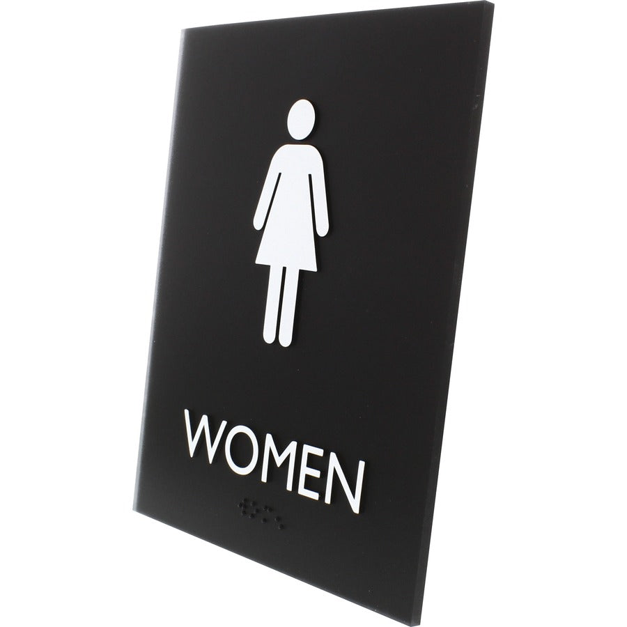 Lorell Women's Restroom Sign - 1 Each - Women Print/Message - 6.4" Width x 8.5" Height - Rectangular Shape - Surface-mountable - Easy Readability, Braille - Plastic - Black