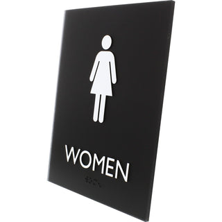 Lorell Women's Restroom Sign - 1 Each - Women Print/Message - 6.4" Width x 8.5" Height - Rectangular Shape - Surface-mountable - Easy Readability, Braille - Plastic - Black