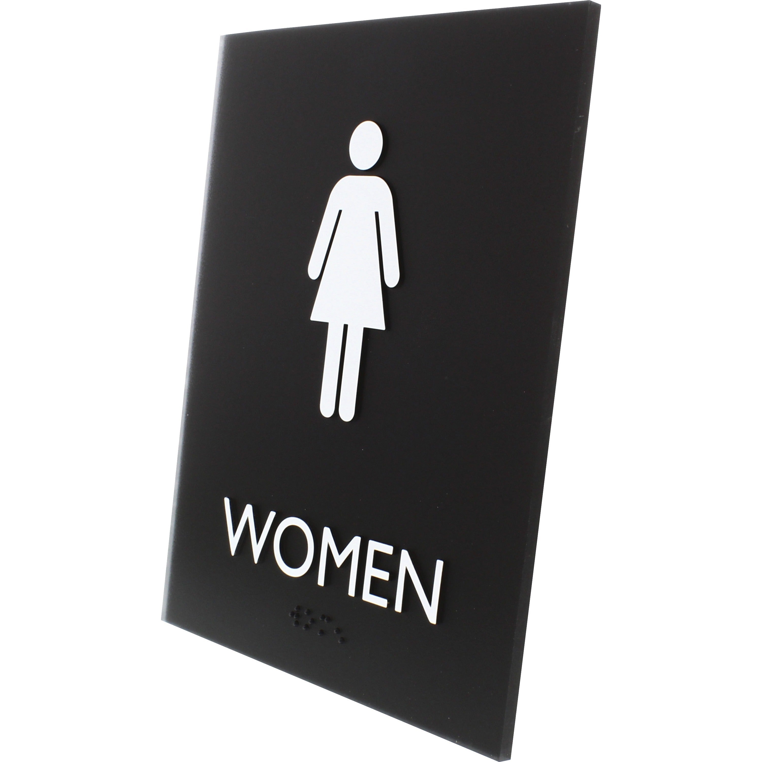 lorell-womens-restroom-sign-1-each-women-print-message-64-width-x-85-height-rectangular-shape-surface-mountable-easy-readability-braille-plastic-black_llr02665 - 2