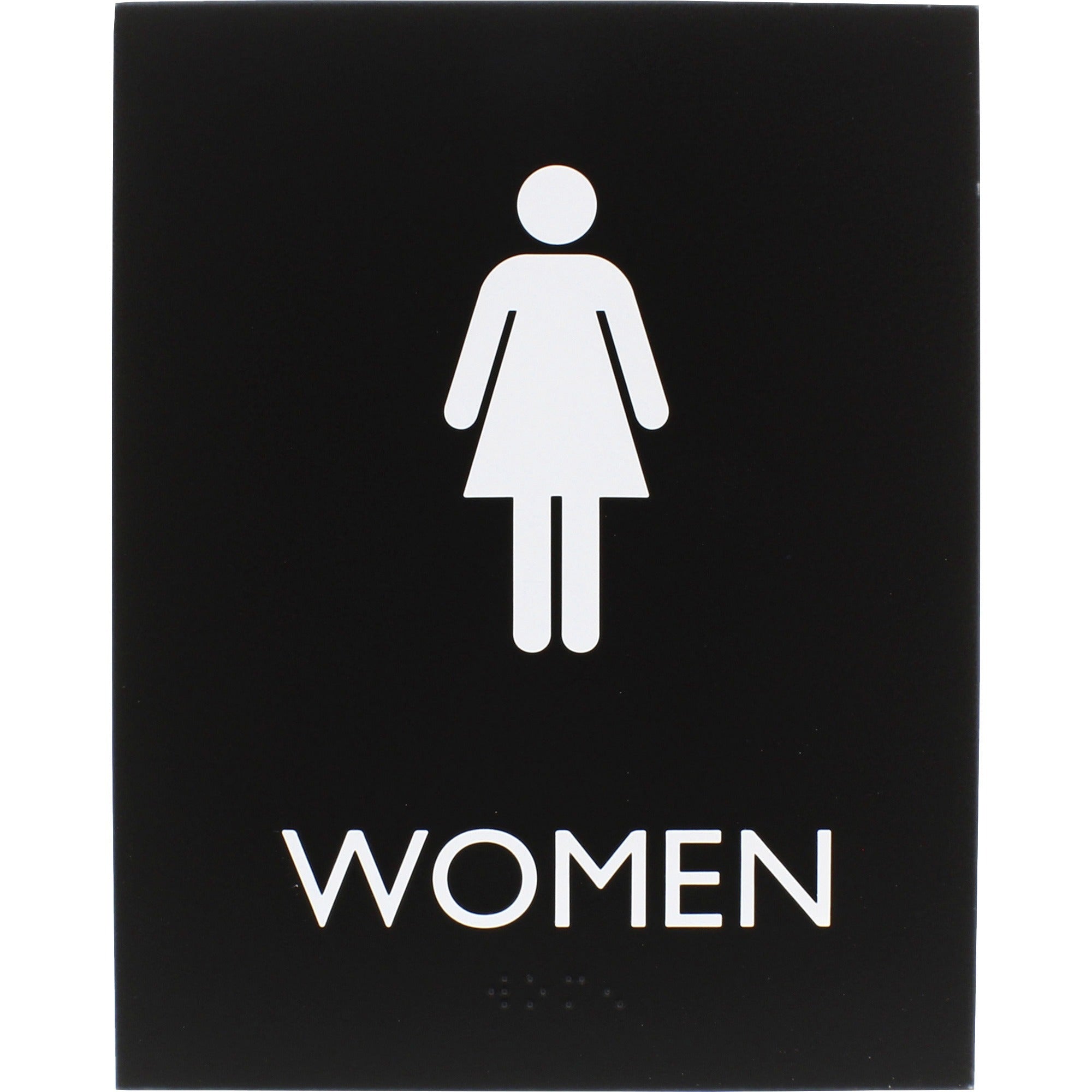 lorell-womens-restroom-sign-1-each-women-print-message-64-width-x-85-height-rectangular-shape-surface-mountable-easy-readability-braille-plastic-black_llr02665 - 1