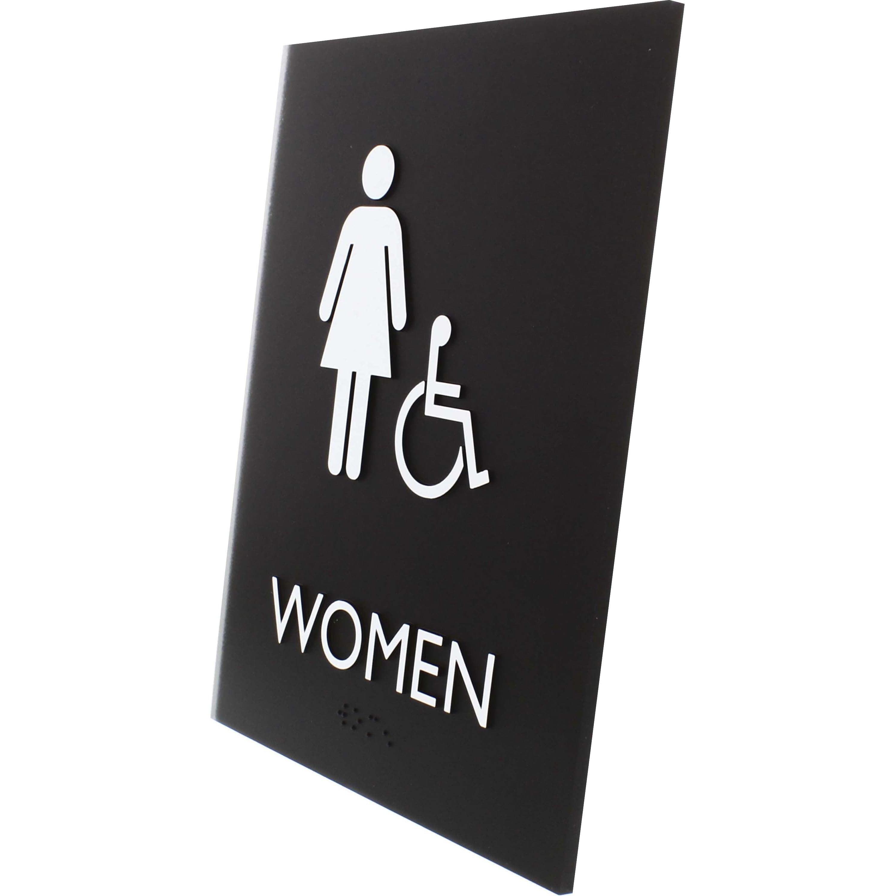 lorell-womens-handicap-restroom-sign-1-each-women-print-message-64-width-x-85-height-rectangular-shape-surface-mountable-easy-readability-braille-plastic-black_llr02666 - 2