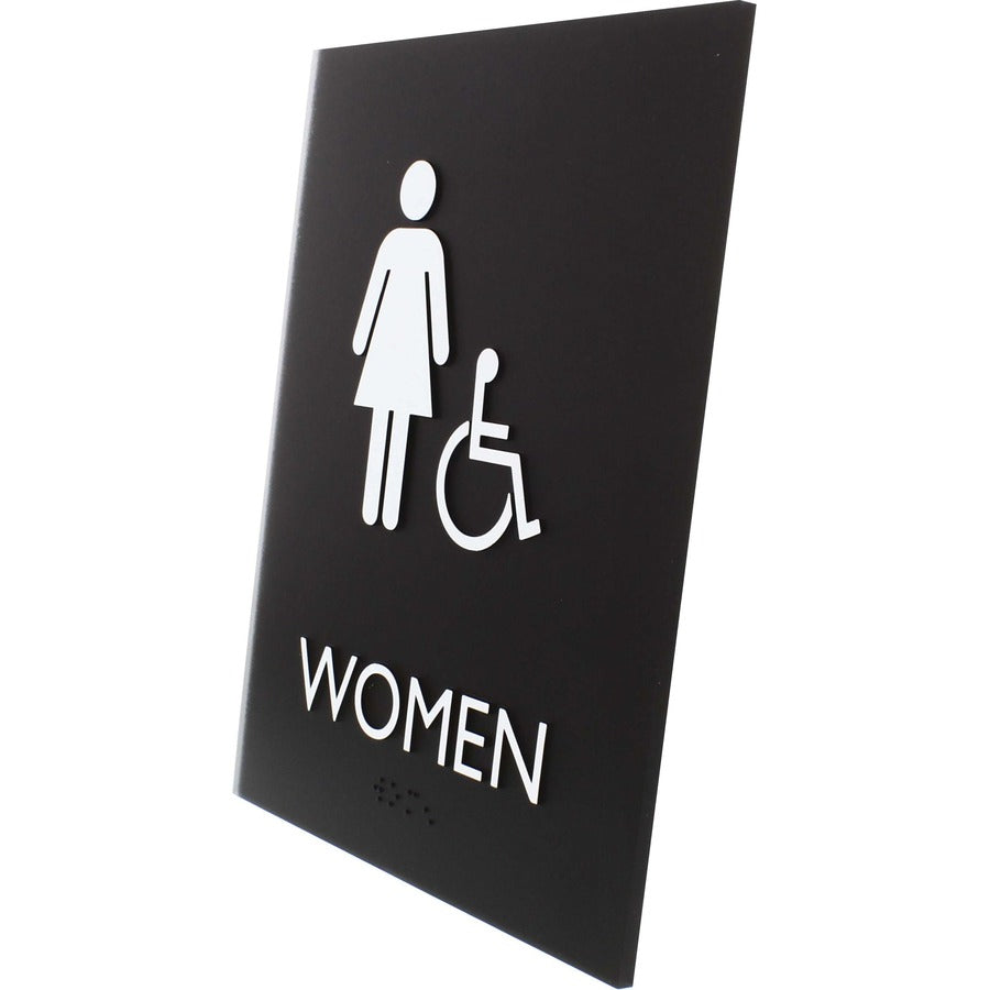 Lorell Women's Handicap Restroom Sign - 1 Each - Women Print/Message - 6.4" Width x 8.5" Height - Rectangular Shape - Surface-mountable - Easy Readability, Braille - Plastic - Black