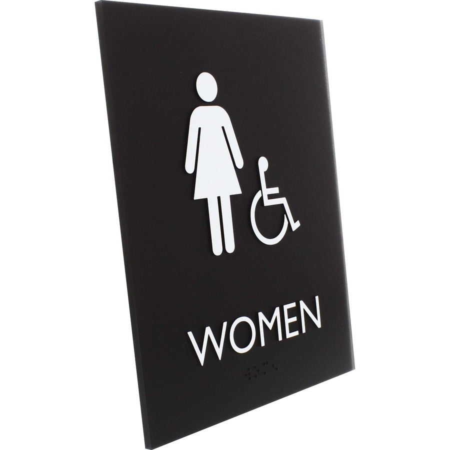 Lorell Women's Handicap Restroom Sign - 1 Each - Women Print/Message - 6.4" Width x 8.5" Height - Rectangular Shape - Surface-mountable - Easy Readability, Braille - Plastic - Black