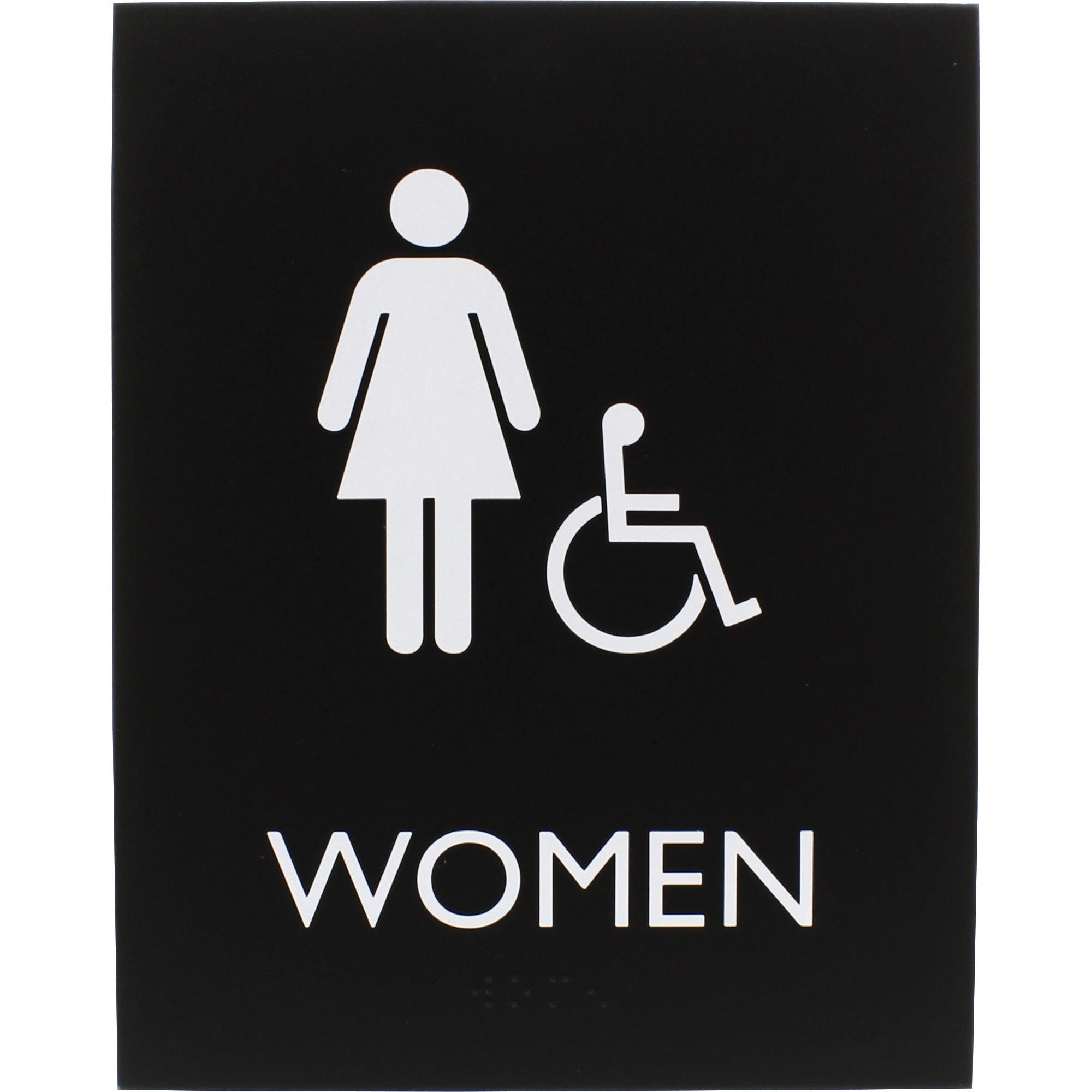 lorell-womens-handicap-restroom-sign-1-each-women-print-message-64-width-x-85-height-rectangular-shape-surface-mountable-easy-readability-braille-plastic-black_llr02666 - 1