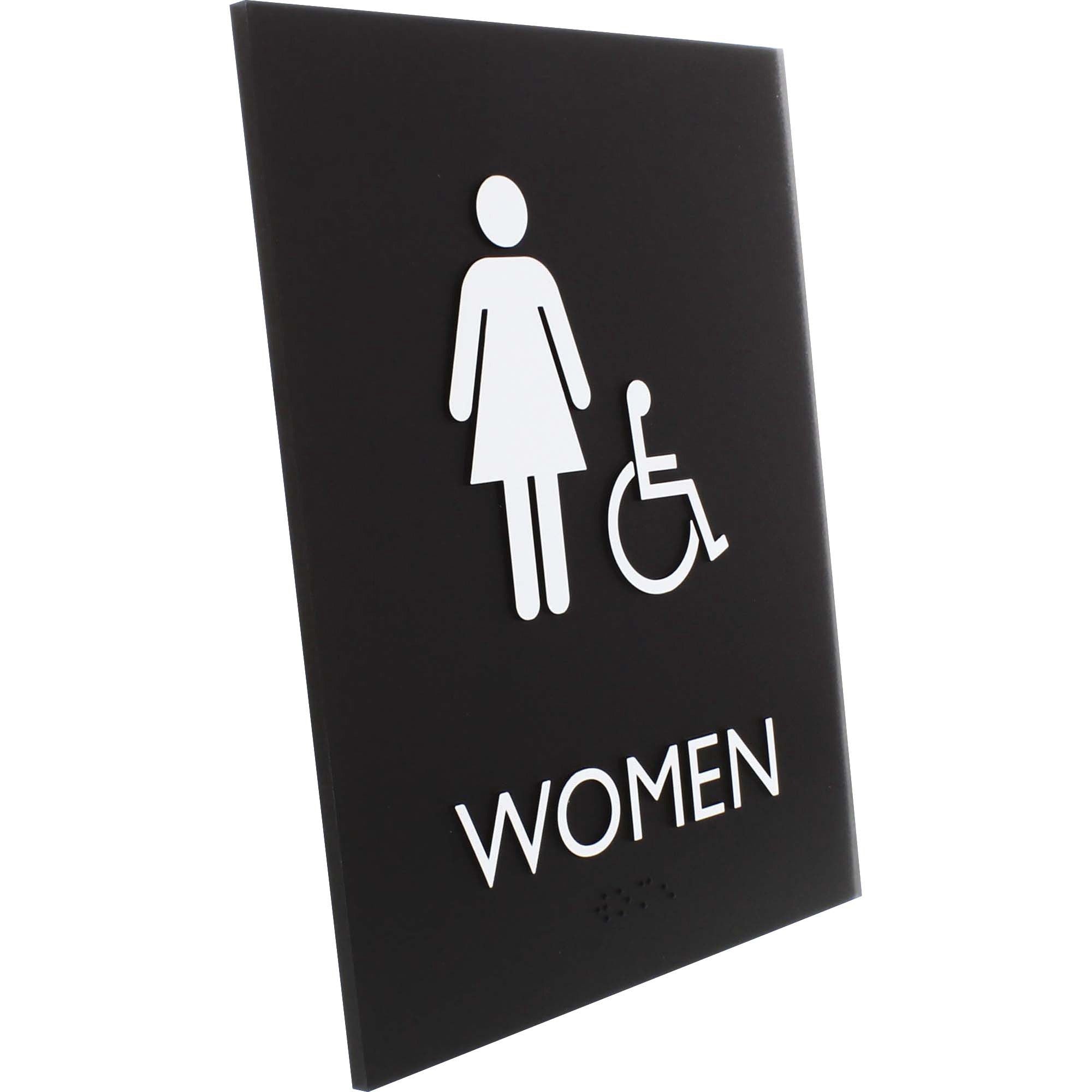 lorell-womens-handicap-restroom-sign-1-each-women-print-message-64-width-x-85-height-rectangular-shape-surface-mountable-easy-readability-braille-plastic-black_llr02666 - 3