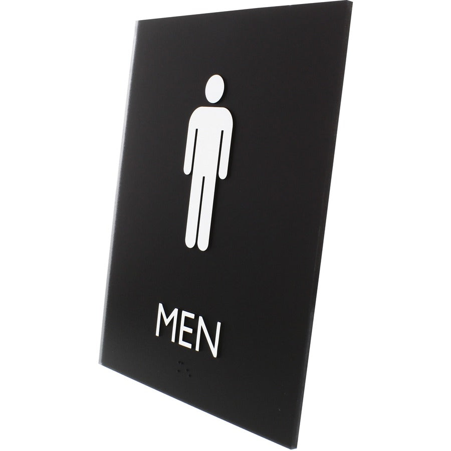 Lorell Men's Restroom Sign - 1 Each - Men Print/Message - 6.4" Width x 8.5" Height - Rectangular Shape - Surface-mountable - Easy Readability, Braille - Plastic - Black