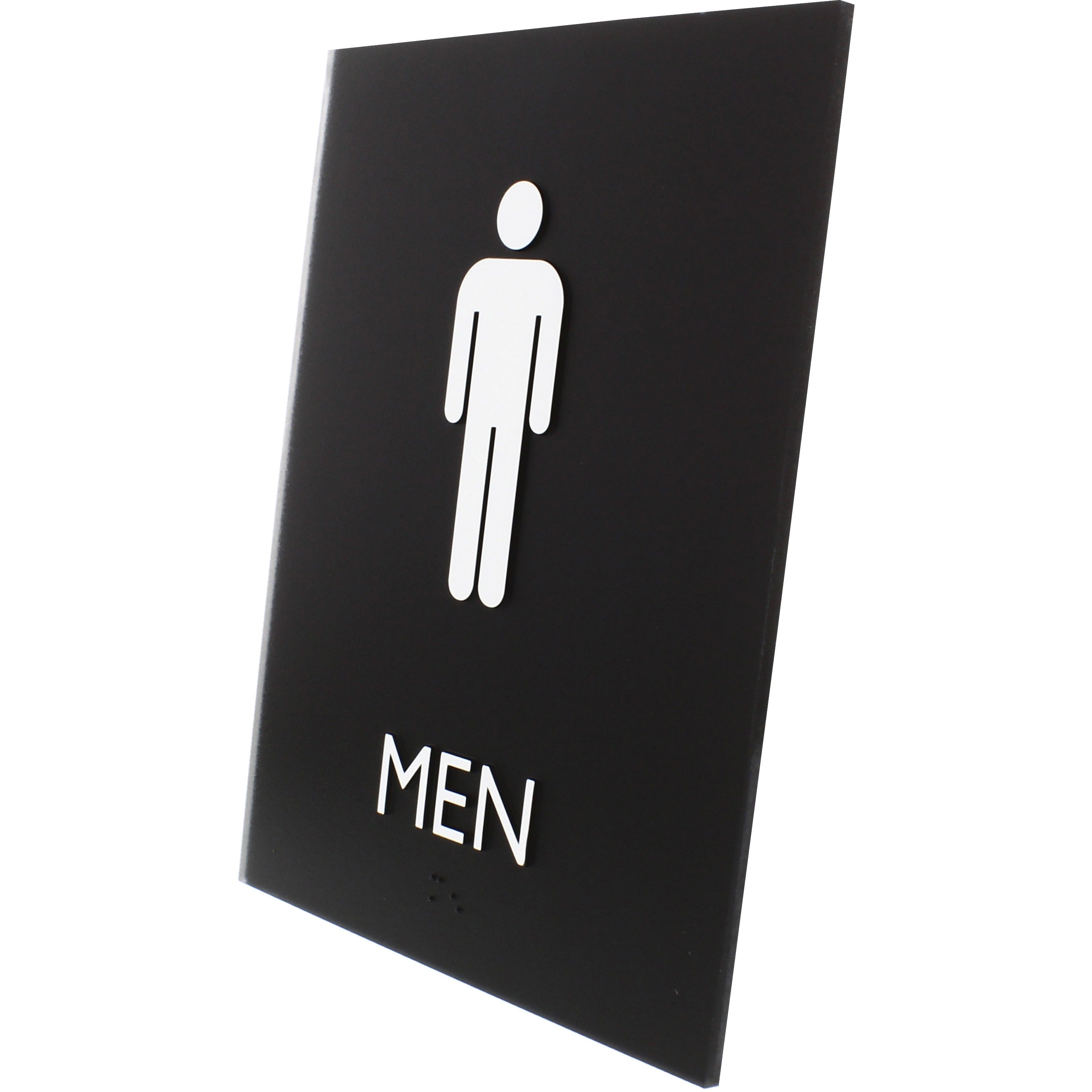 lorell-mens-restroom-sign-1-each-men-print-message-64-width-x-85-height-rectangular-shape-surface-mountable-easy-readability-braille-plastic-black_llr02667 - 2