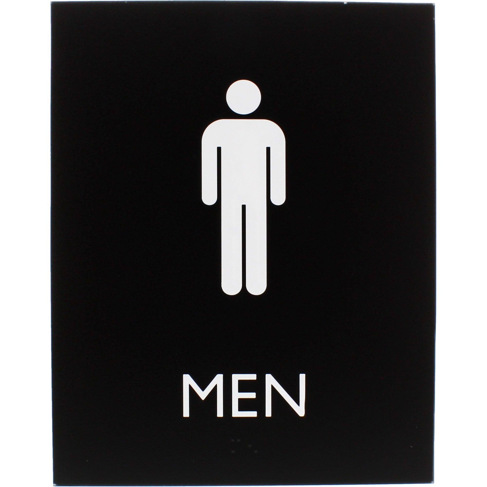 lorell-mens-restroom-sign-1-each-men-print-message-64-width-x-85-height-rectangular-shape-surface-mountable-easy-readability-braille-plastic-black_llr02667 - 1