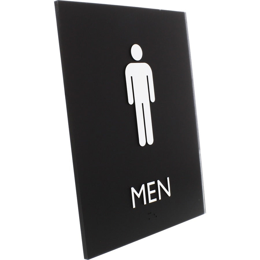 Lorell Men's Restroom Sign - 1 Each - Men Print/Message - 6.4" Width x 8.5" Height - Rectangular Shape - Surface-mountable - Easy Readability, Braille - Plastic - Black