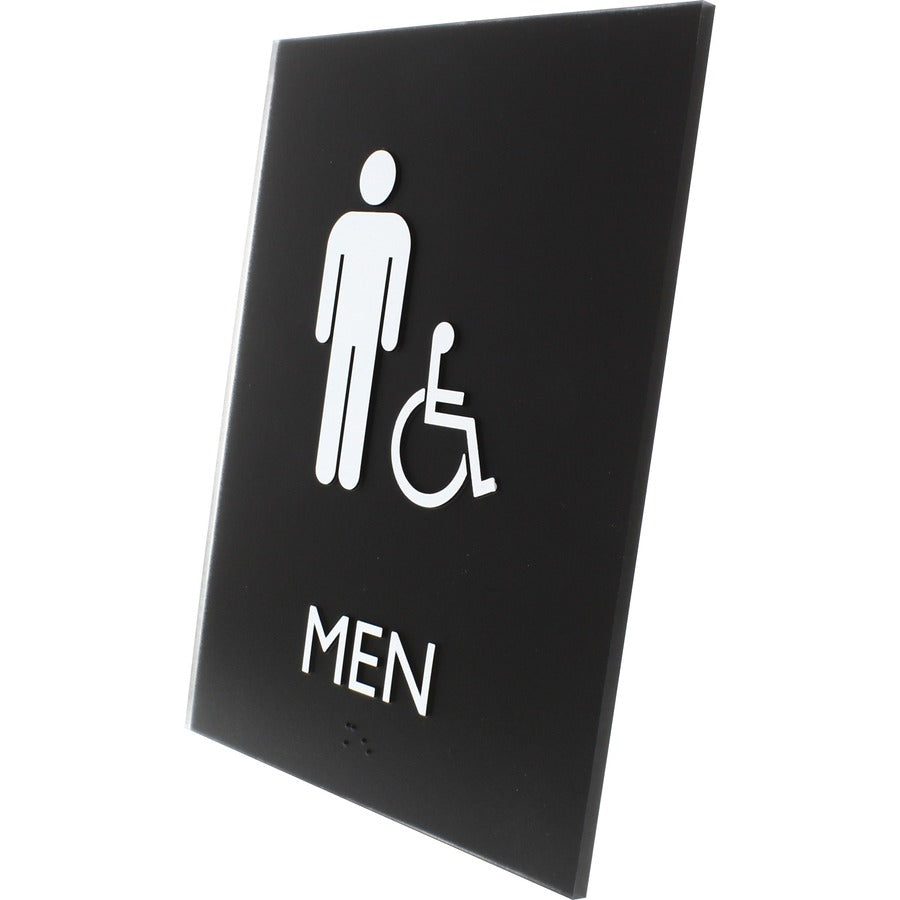 Lorell Men's Handicap Restroom Sign - 1 Each - Men Print/Message - 6.4" Width x 8.5" Height - Rectangular Shape - Surface-mountable - Easy Readability, Braille - Plastic - Black