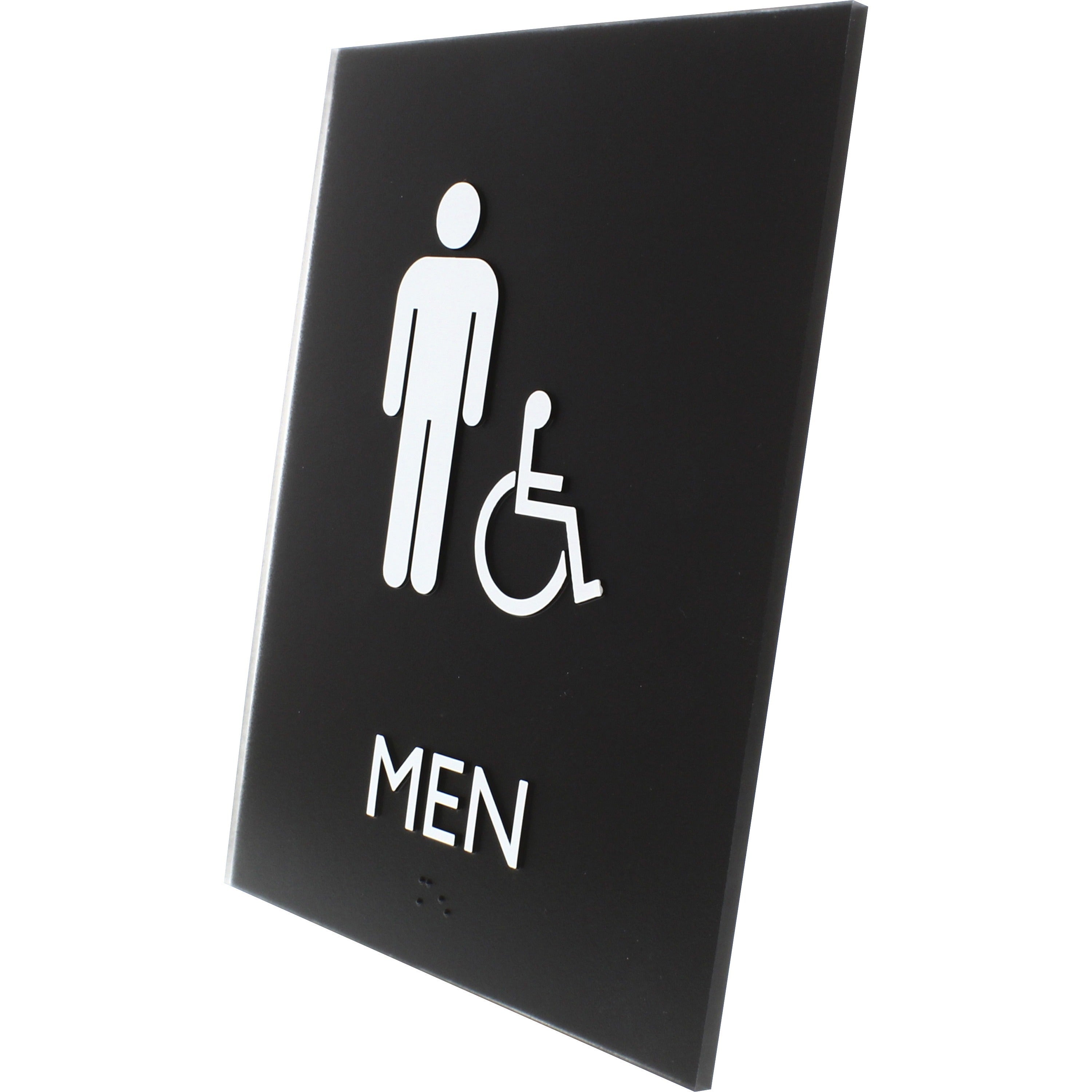 lorell-mens-handicap-restroom-sign-1-each-men-print-message-64-width-x-85-height-rectangular-shape-surface-mountable-easy-readability-braille-plastic-black_llr02668 - 2