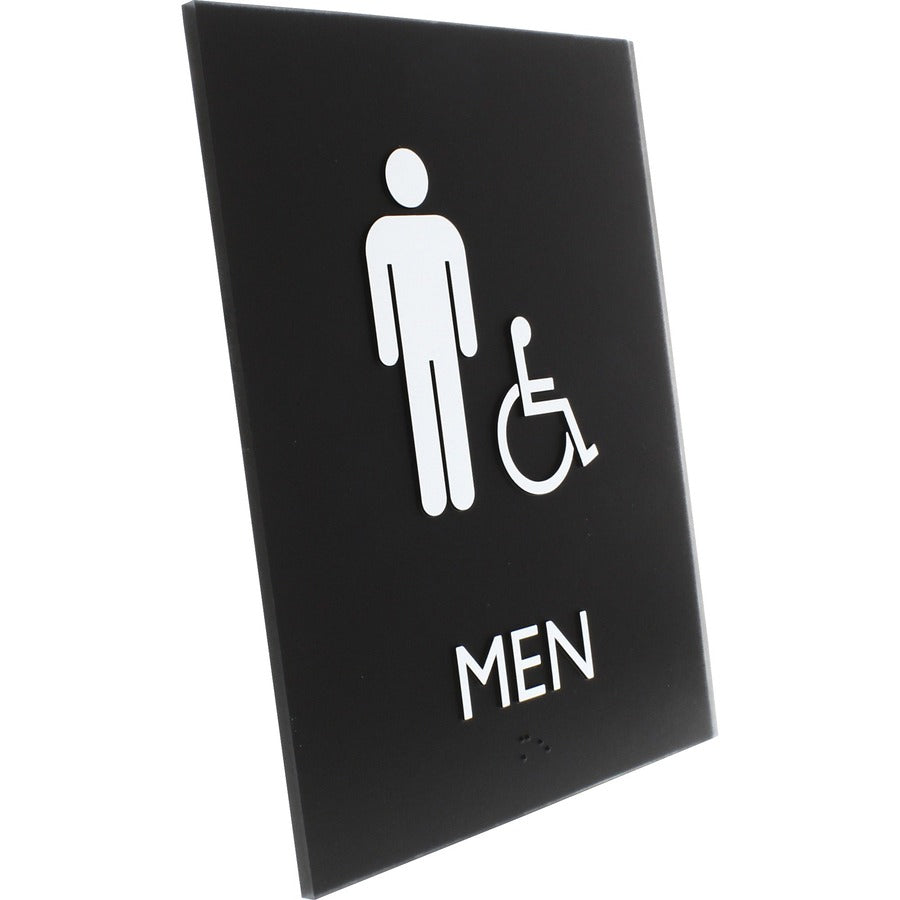 Lorell Men's Handicap Restroom Sign - 1 Each - Men Print/Message - 6.4" Width x 8.5" Height - Rectangular Shape - Surface-mountable - Easy Readability, Braille - Plastic - Black