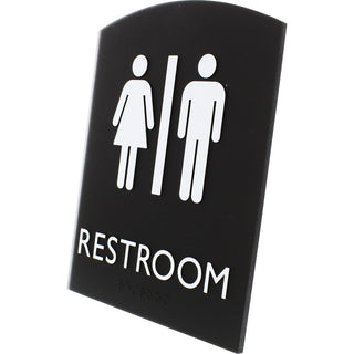 Lorell Arched Unisex Restroom Sign - 1 Each - 6.8" Width x 8.5" Height - Rectangular Shape - Surface-mountable - Easy Readability, Braille - Plastic - Black