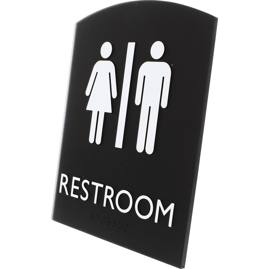 Lorell Arched Unisex Restroom Sign - 1 Each - 6.8" Width x 8.5" Height - Rectangular Shape - Surface-mountable - Easy Readability, Braille - Plastic - Black
