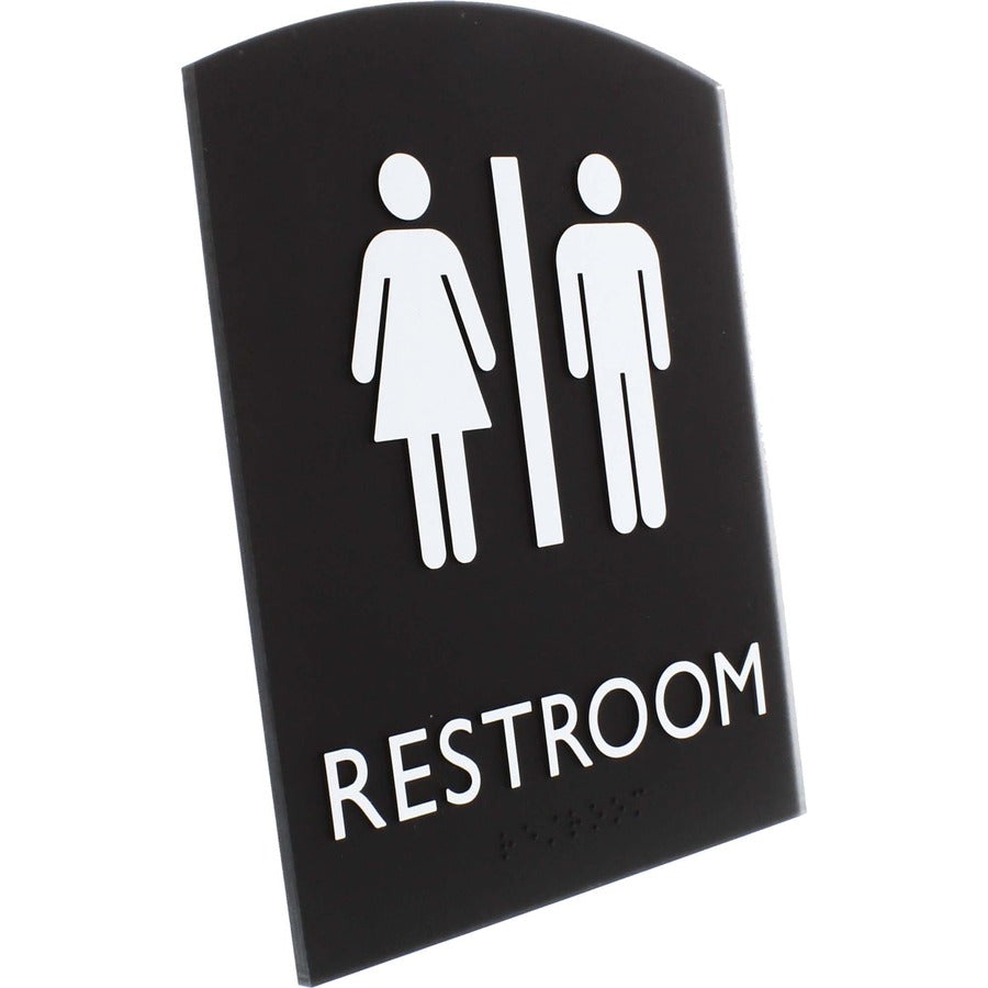 Lorell Arched Unisex Restroom Sign - 1 Each - 6.8" Width x 8.5" Height - Rectangular Shape - Surface-mountable - Easy Readability, Braille - Plastic - Black