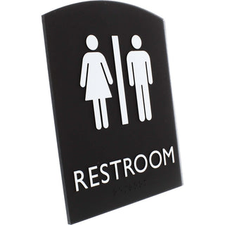 Lorell Arched Unisex Restroom Sign - 1 Each - 6.8" Width x 8.5" Height - Rectangular Shape - Surface-mountable - Easy Readability, Braille - Plastic - Black