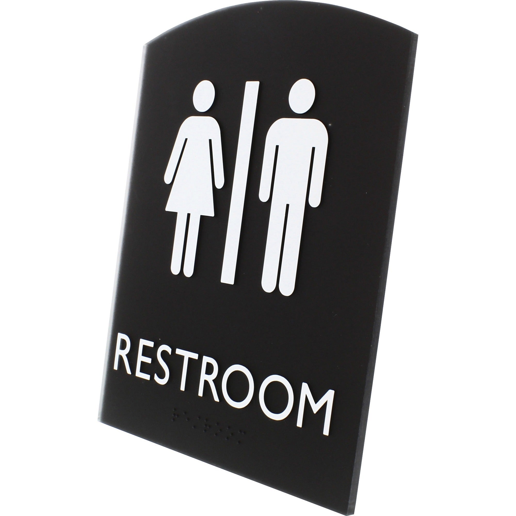 lorell-arched-unisex-restroom-sign-1-each-68-width-x-85-height-rectangular-shape-surface-mountable-easy-readability-braille-plastic-black_llr02672 - 2