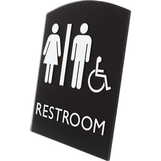 Lorell Arched Unisex Handicap Restroom Sign - 1 Each - 6.8" Width x 8.5" Height - Rectangular Shape - Surface-mountable - Easy Readability, Braille - Plastic - Black