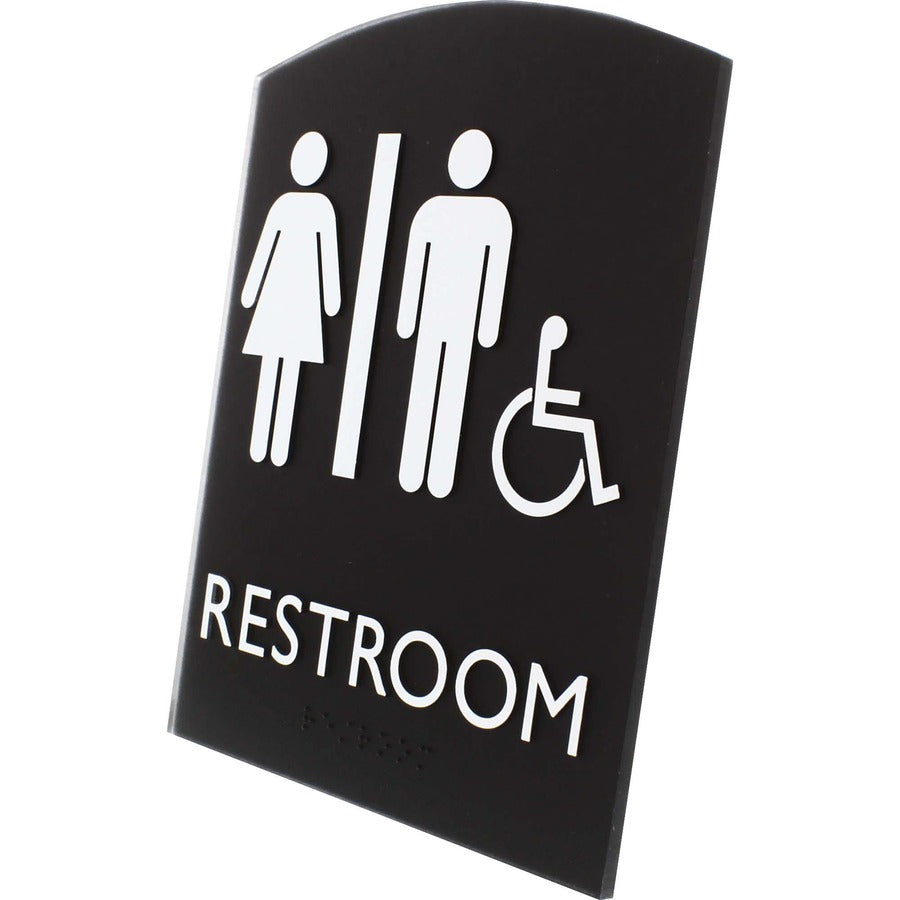 Lorell Arched Unisex Handicap Restroom Sign - 1 Each - 6.8" Width x 8.5" Height - Rectangular Shape - Surface-mountable - Easy Readability, Braille - Plastic - Black
