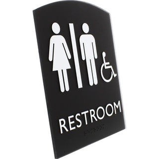 Lorell Arched Unisex Handicap Restroom Sign - 1 Each - 6.8" Width x 8.5" Height - Rectangular Shape - Surface-mountable - Easy Readability, Braille - Plastic - Black