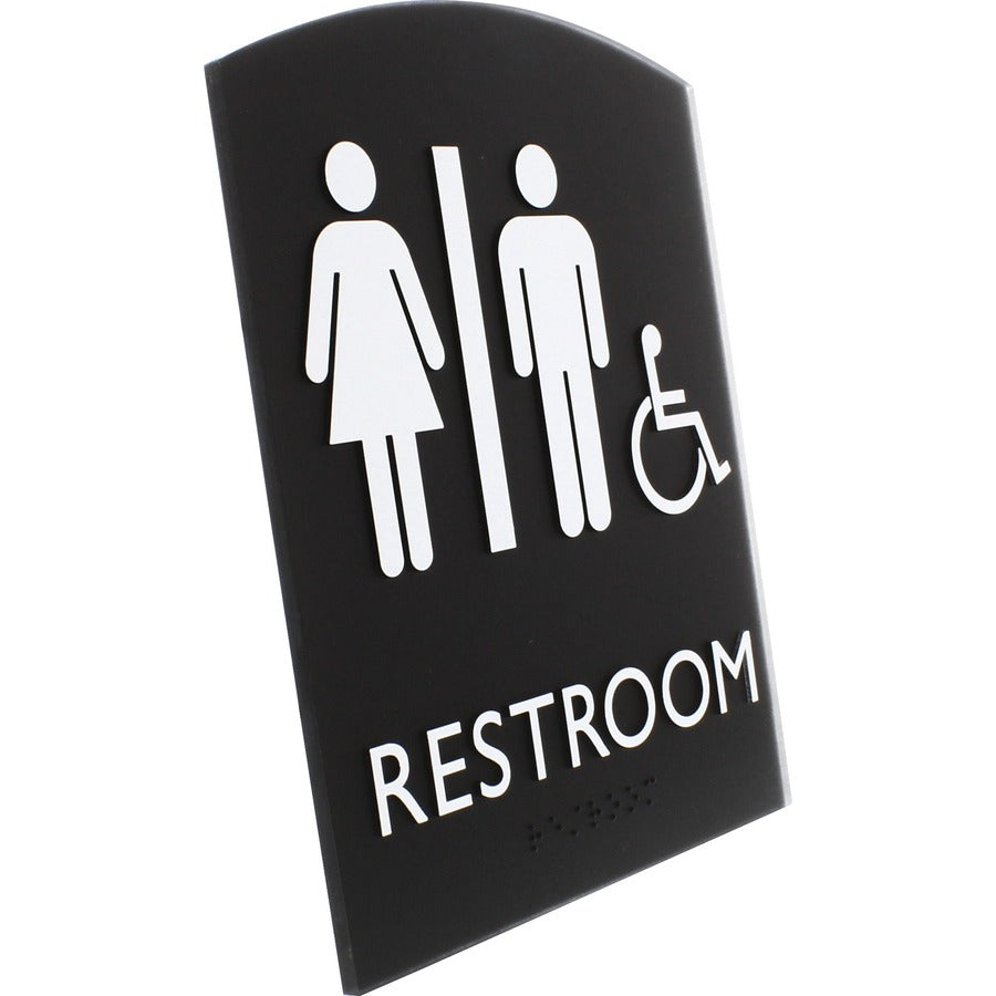 Lorell Arched Unisex Handicap Restroom Sign - 1 Each - 6.8" Width x 8.5" Height - Rectangular Shape - Surface-mountable - Easy Readability, Braille - Plastic - Black