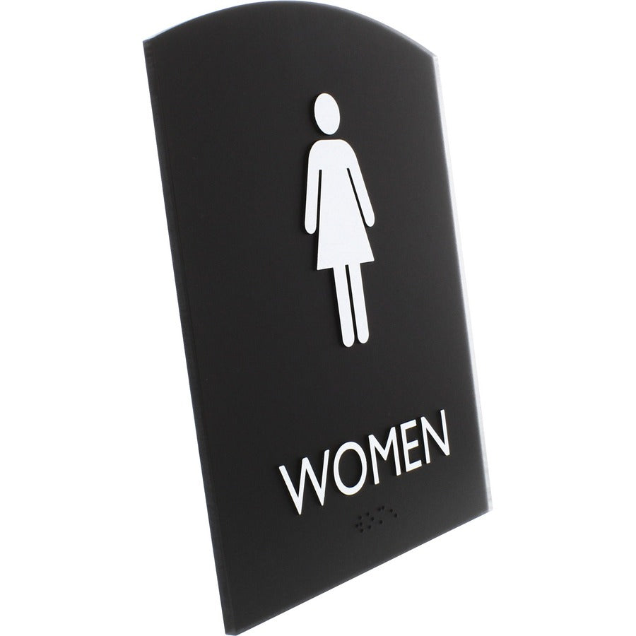 Lorell Arched Women's Restroom Sign - 1 Each - Women Print/Message - 6.8" Width x 8.5" Height - Rectangular Shape - Surface-mountable - Easy Readability, Braille - Plastic - Black