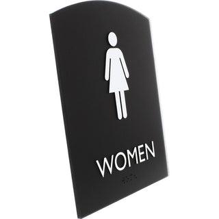 Lorell Arched Women's Restroom Sign - 1 Each - Women Print/Message - 6.8" Width x 8.5" Height - Rectangular Shape - Surface-mountable - Easy Readability, Braille - Plastic - Black