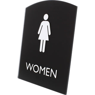 Lorell Arched Women's Restroom Sign - 1 Each - Women Print/Message - 6.8" Width x 8.5" Height - Rectangular Shape - Surface-mountable - Easy Readability, Braille - Plastic - Black