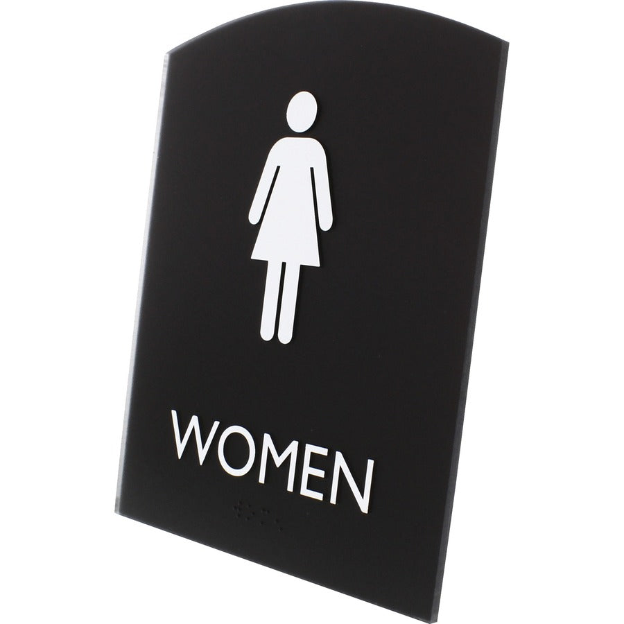 Lorell Arched Women's Restroom Sign - 1 Each - Women Print/Message - 6.8" Width x 8.5" Height - Rectangular Shape - Surface-mountable - Easy Readability, Braille - Plastic - Black