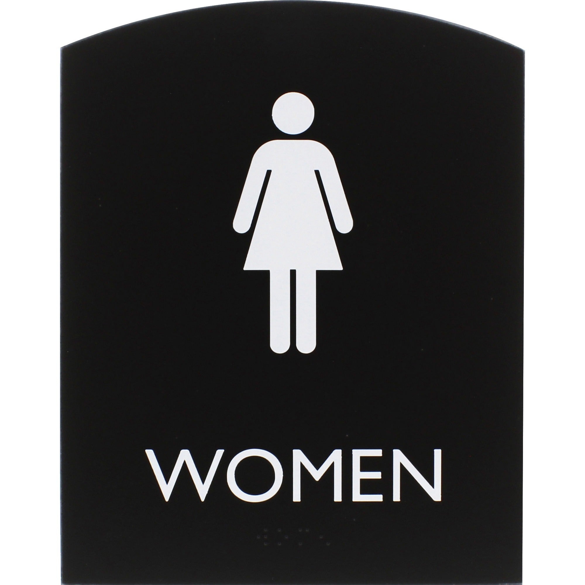 lorell-arched-womens-restroom-sign-1-each-women-print-message-68-width-x-85-height-rectangular-shape-surface-mountable-easy-readability-braille-plastic-black_llr02674 - 1