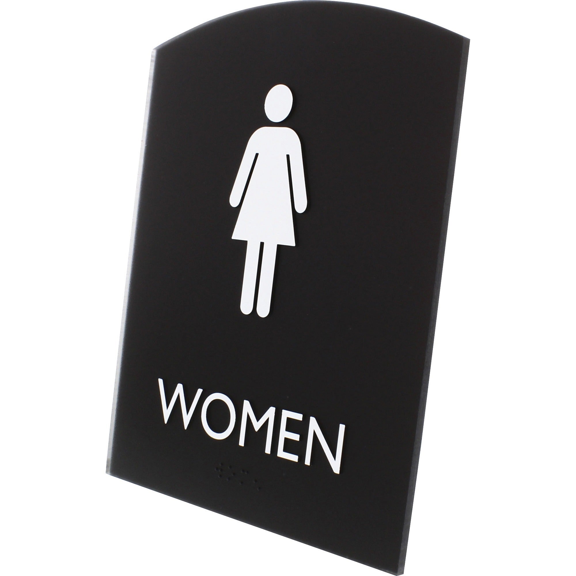 lorell-arched-womens-restroom-sign-1-each-women-print-message-68-width-x-85-height-rectangular-shape-surface-mountable-easy-readability-braille-plastic-black_llr02674 - 2