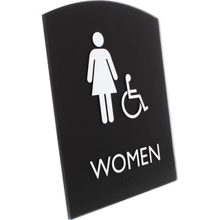 Lorell Arched Women's Handicap Restroom Sign - 1 Each - Women Print/Message - 6.8" Width x 8.5" Height - Rectangular Shape - Surface-mountable - Easy Readability, Braille - Plastic - Black