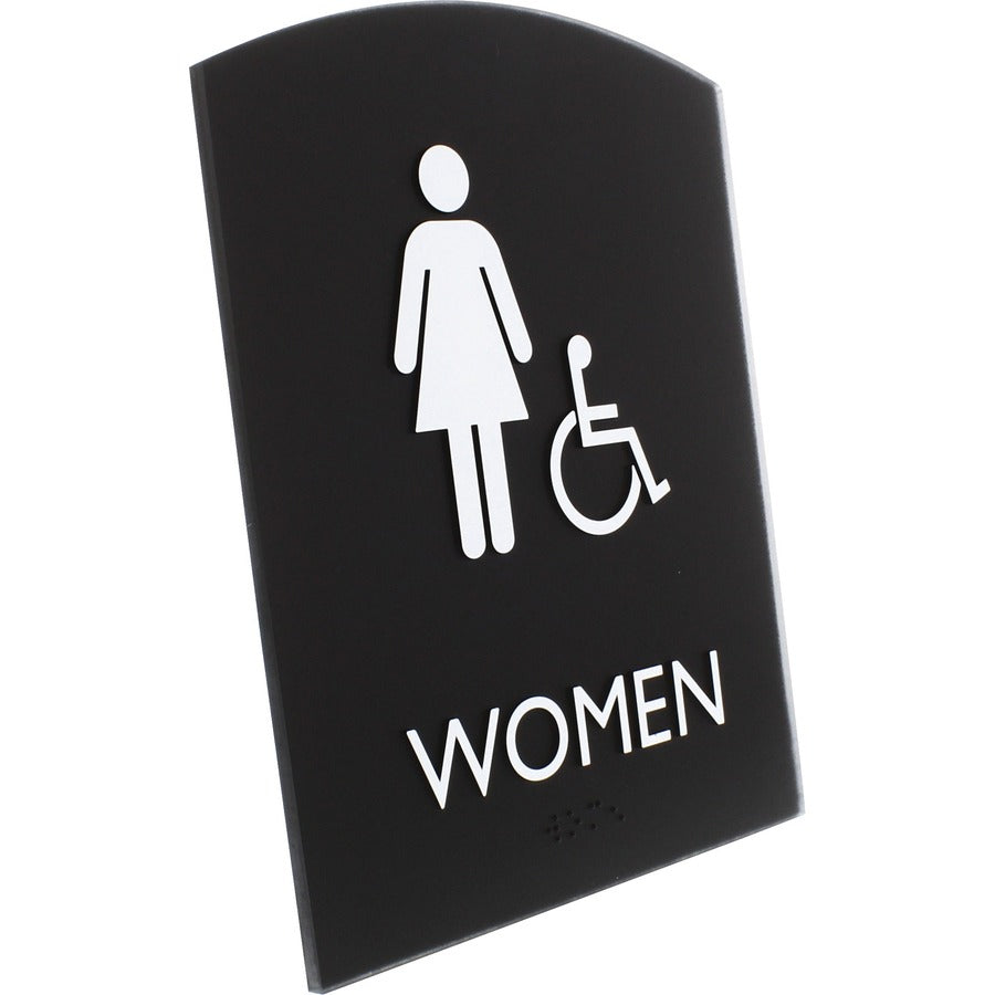 Lorell Arched Women's Handicap Restroom Sign - 1 Each - Women Print/Message - 6.8" Width x 8.5" Height - Rectangular Shape - Surface-mountable - Easy Readability, Braille - Plastic - Black
