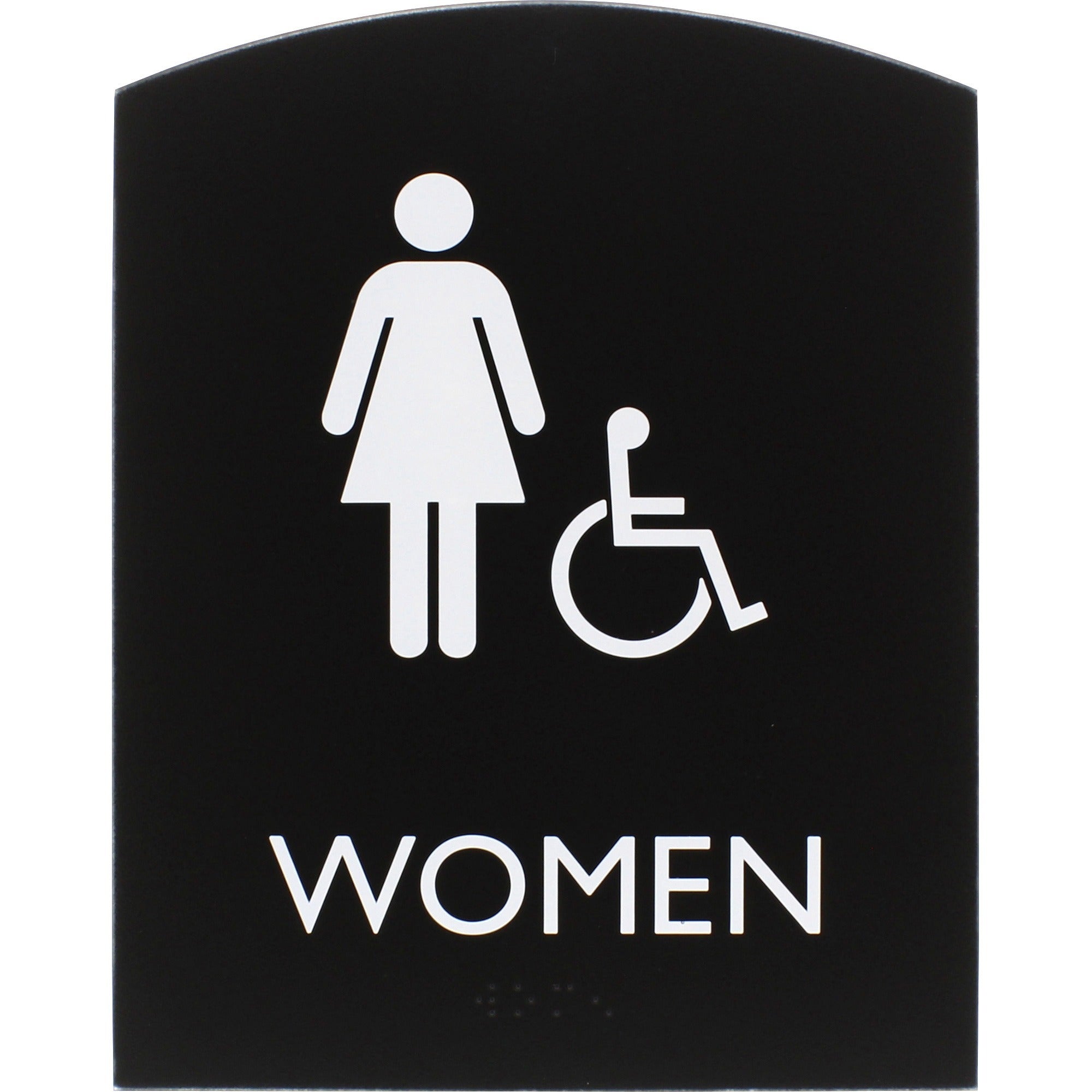 lorell-arched-womens-handicap-restroom-sign-1-each-women-print-message-68-width-x-85-height-rectangular-shape-surface-mountable-easy-readability-braille-plastic-black_llr02675 - 1