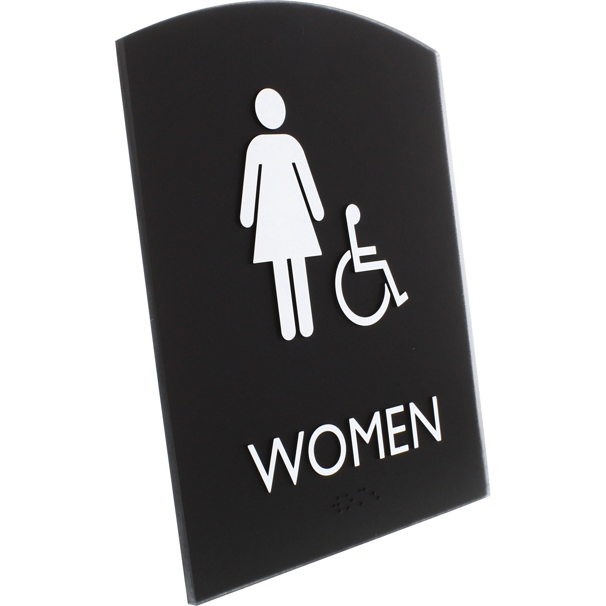 lorell-arched-womens-handicap-restroom-sign-1-each-women-print-message-68-width-x-85-height-rectangular-shape-surface-mountable-easy-readability-braille-plastic-black_llr02675 - 3